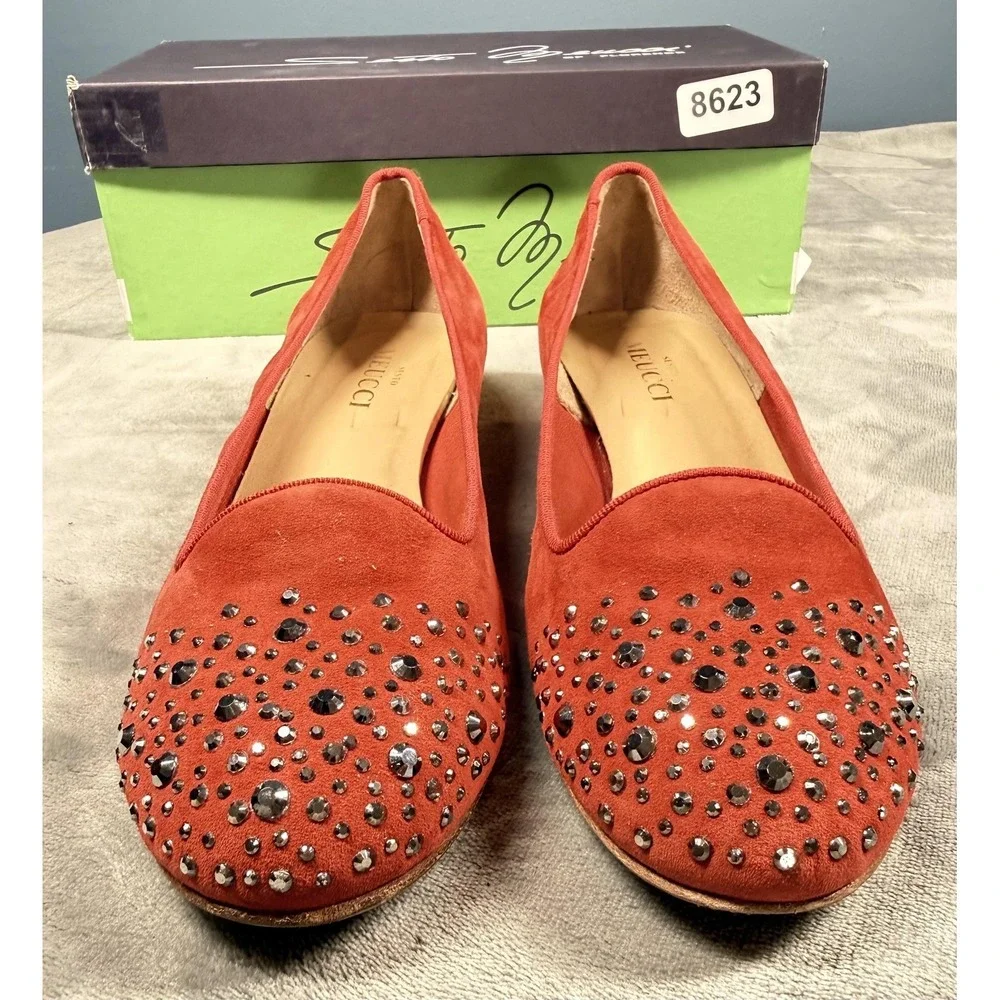 Sesto‎ Meucci Shoes Womens Size 9.5 Red Suede Rhinestone Flats Slip On Italy